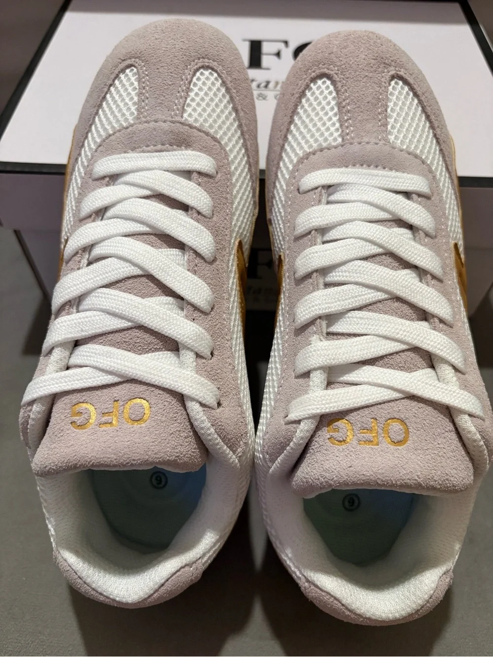 OFG Women’s Casual Mesh and Suede Sneaker in White and Tan - US Size 6